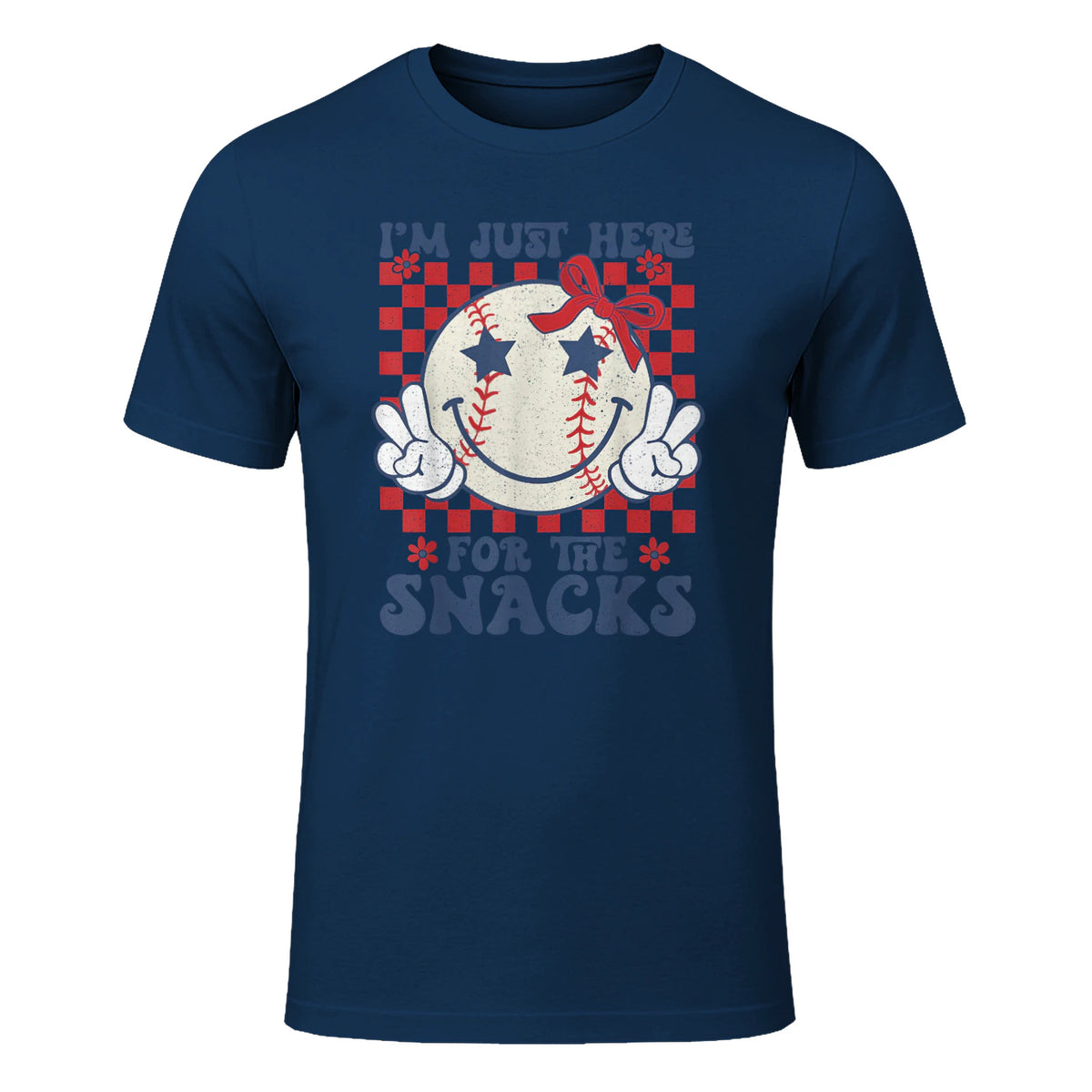 Retro Baseball Sister I'm Just Here for The Snacks Girls Mom T-Shirt in Navy - front view