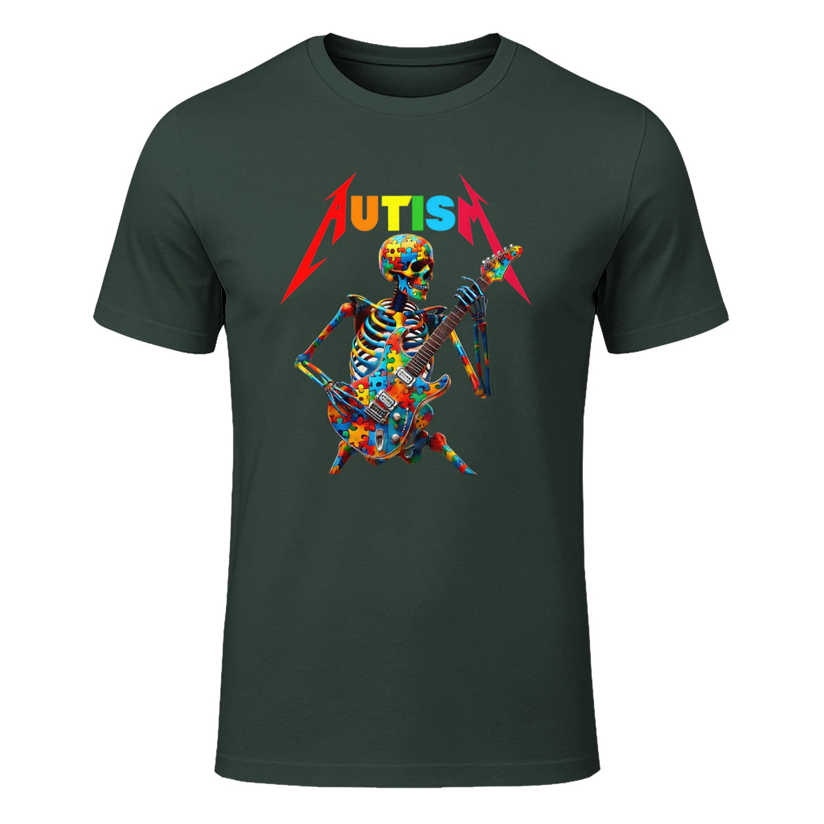 Autism Skeleton Guitar Player Rock Music Autism Awareness in Forest Green - front view