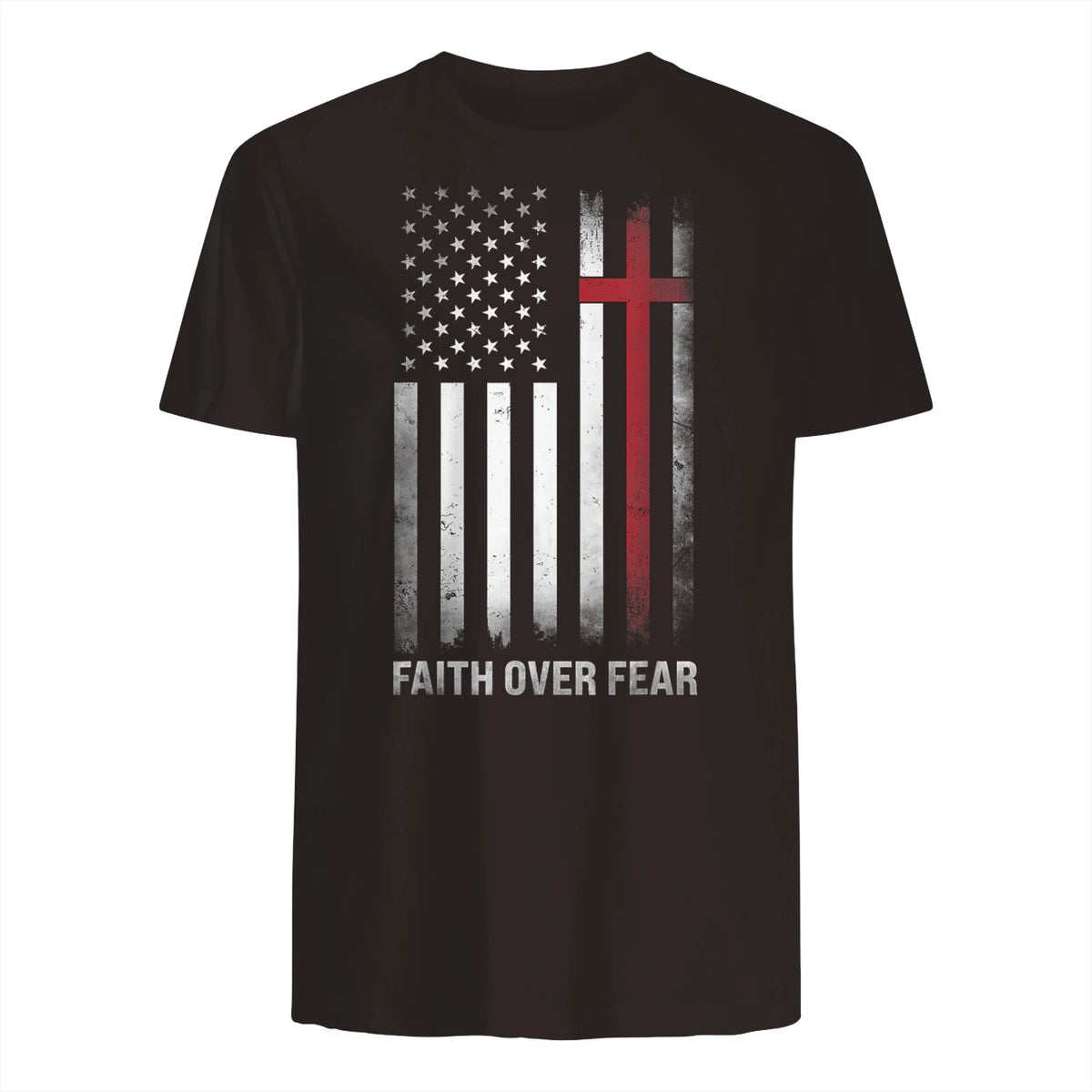 Christian US USA Flag American Christ Faith Over Fear Cross T-Shirt in Dark Chocolate - back view