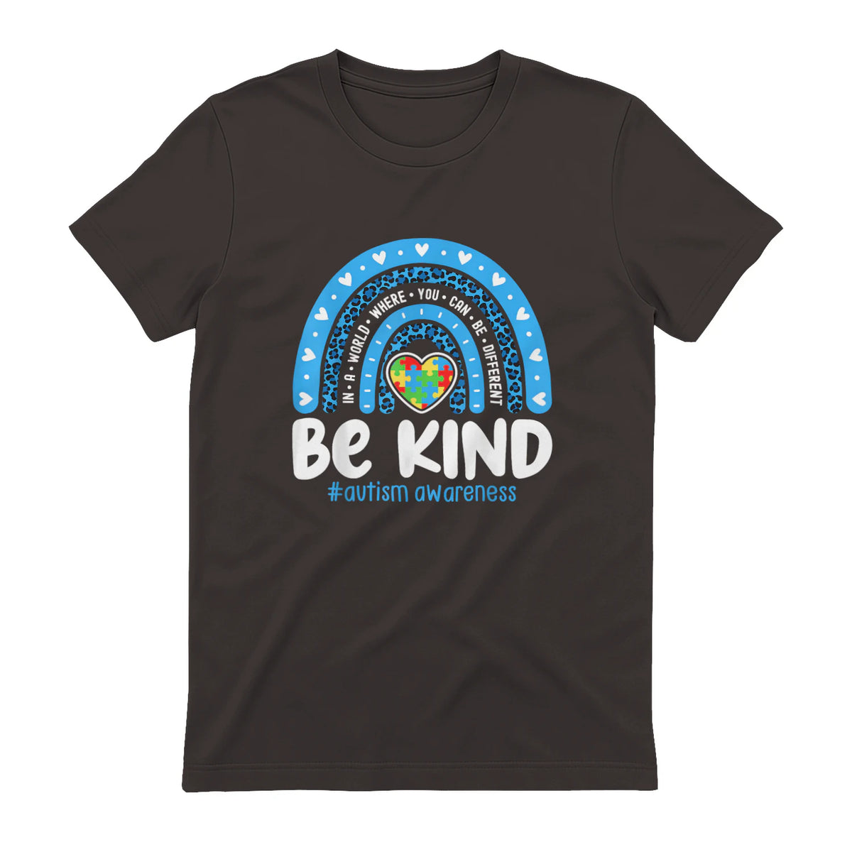 In April We Wear Blue Autism Ribbon T-Shirt in Dark Chocolate - back view