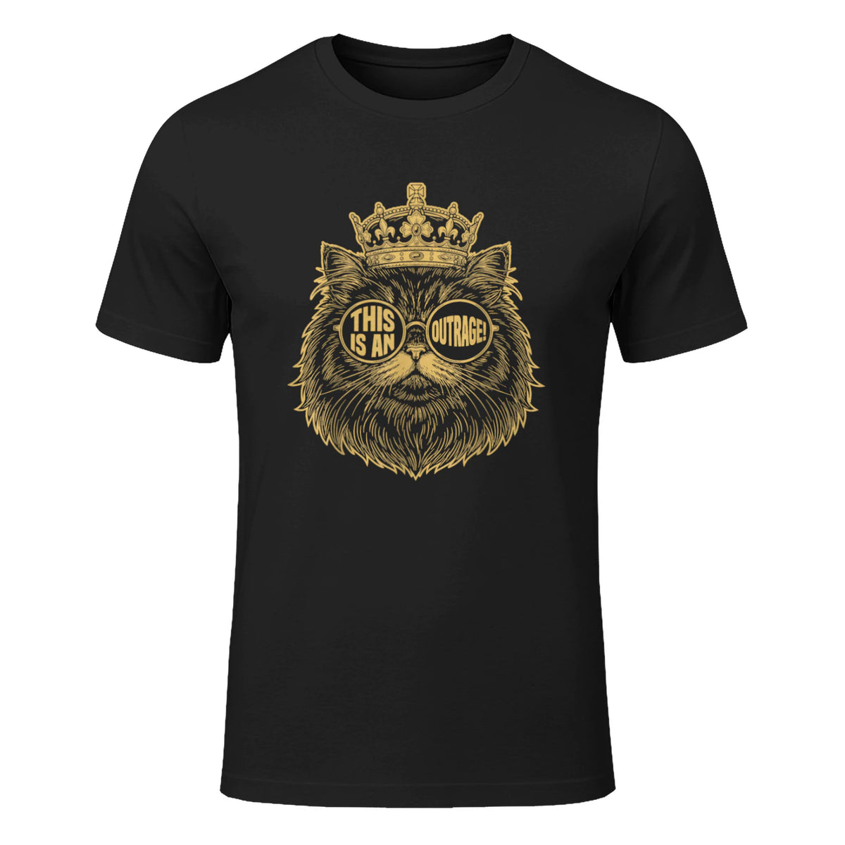 This is an Outrage Funny Princess Cat Donut Gold Womens Mens T-Shirt in Black - front view