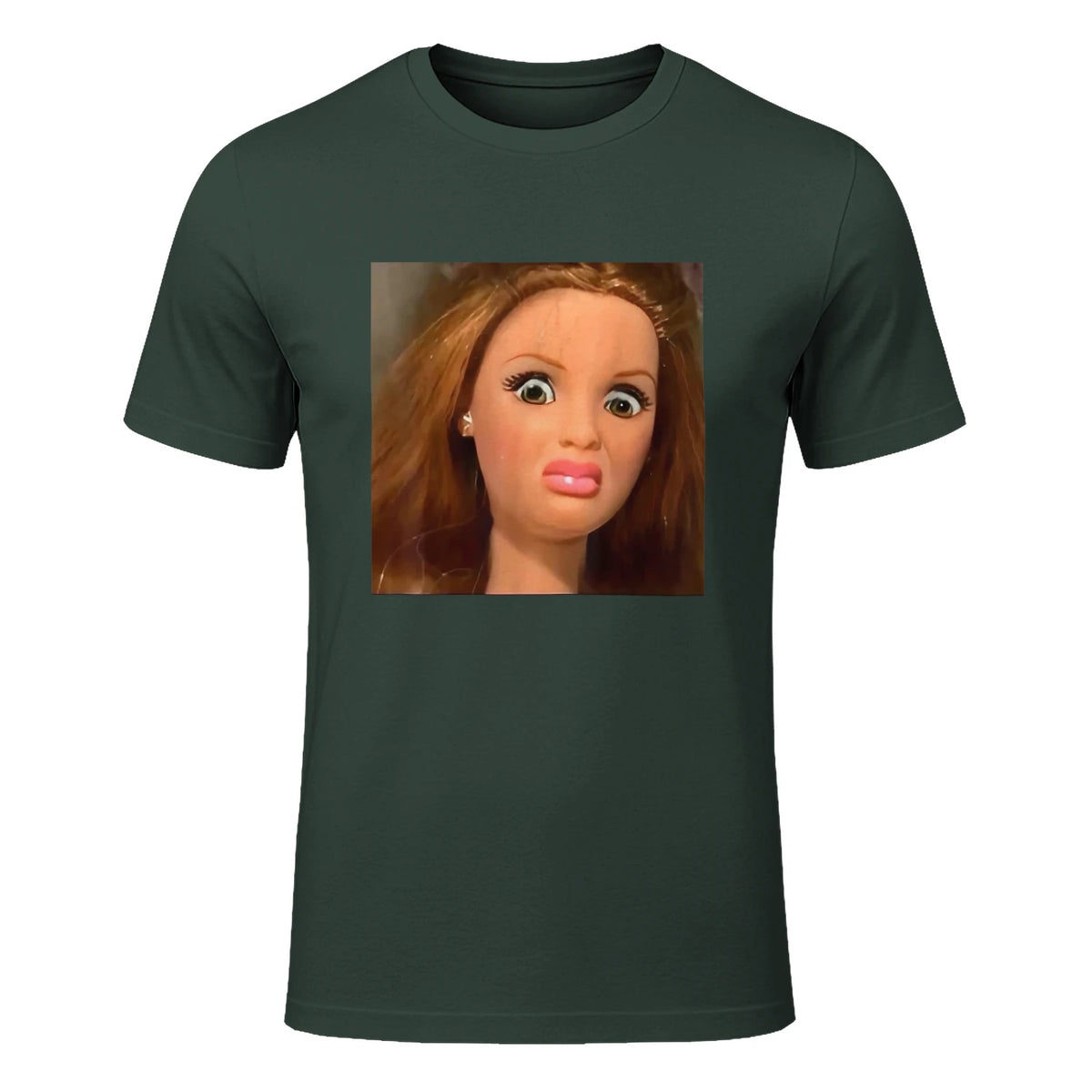 Funny Doll Face Meme Expression Hilarious Sarcastic in Forest Green - front view
