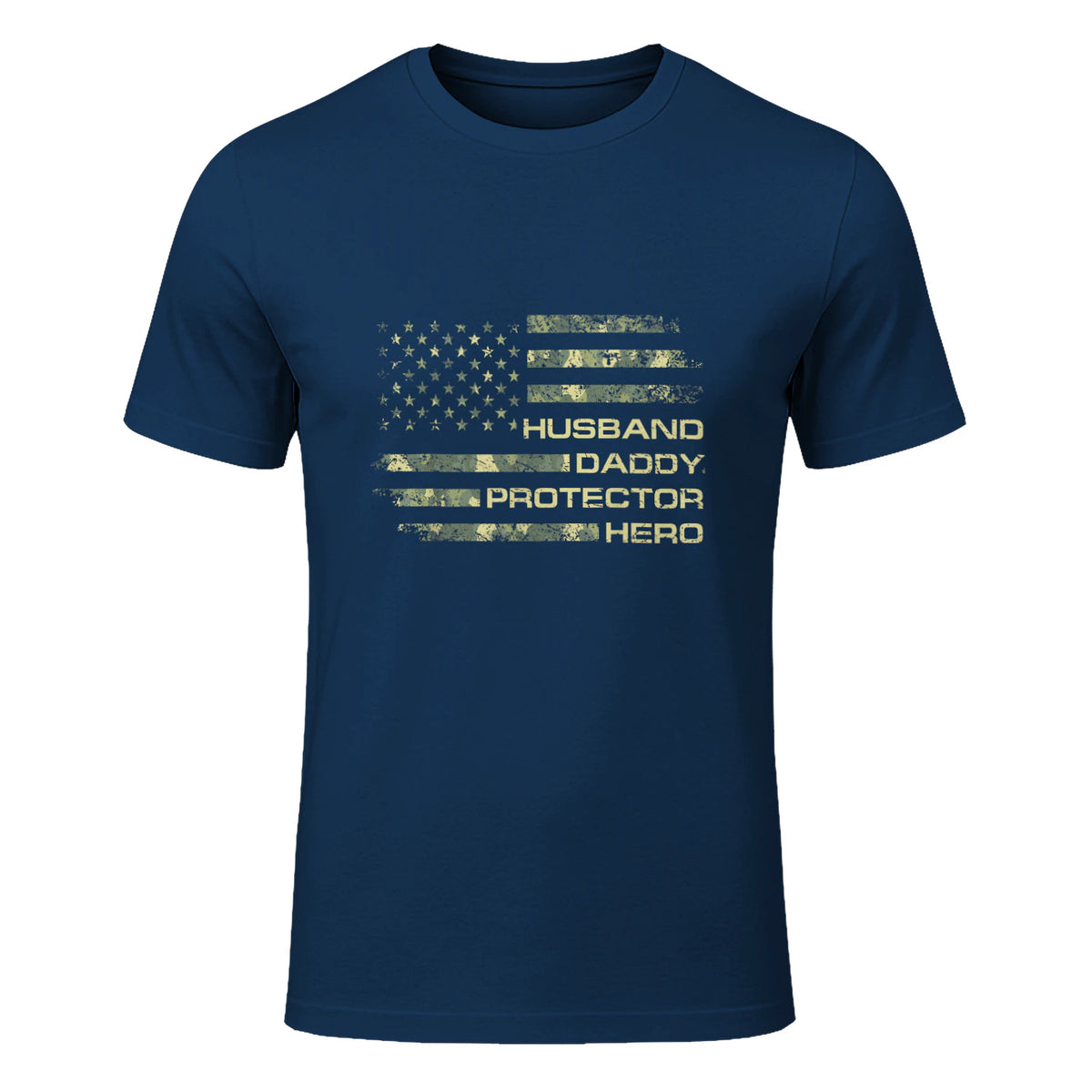 Husband Daddy Protector Hero Fathers Day Camo American Flag in Navy - front view