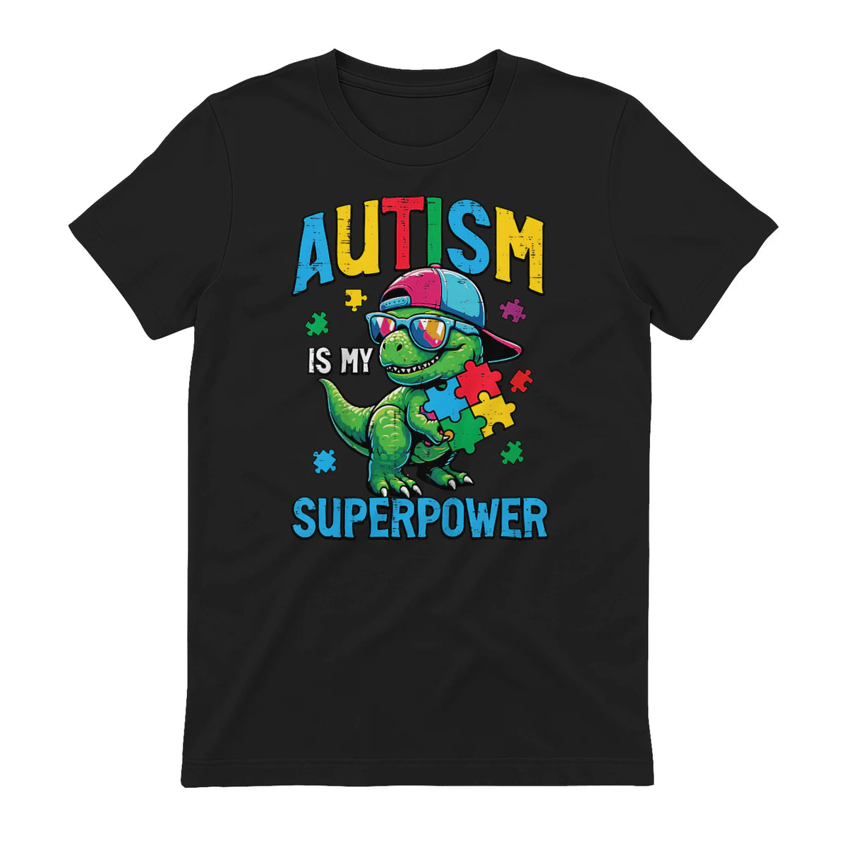 Kids Autism is My Superpower Dino Trex ASD Awareness Boys Kids in Black - back view
