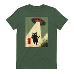Vintage Japanese Cat Alien Cat Dad UFO Abduction Graphic Tee T-Shirt in Military Green - back view