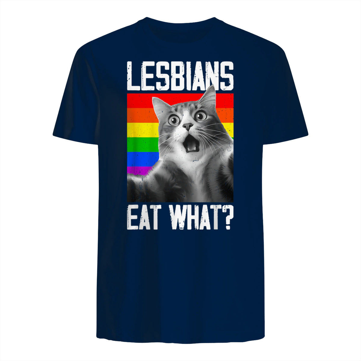 Lesbians Eat What? LGBT Lesbian Girlfriend Funny Cat Gift T-Shirt in Navy - back view