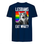 Lesbians Eat What? LGBT Lesbian Girlfriend Funny Cat Gift T-Shirt in Navy - back view