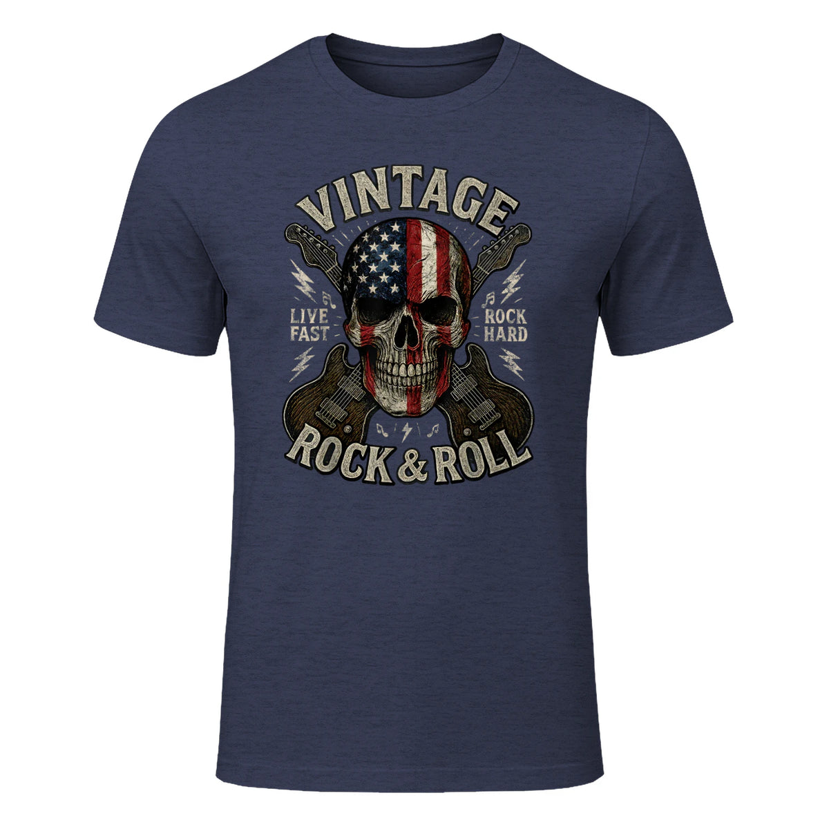 Vintage Rock Skull American Flag Guitar Retro Rock and Roll T-Shirt in Heather Navy - front view