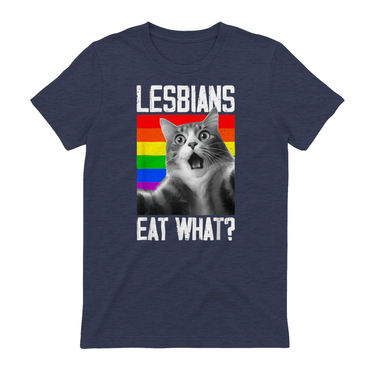 Lesbians Eat What? LGBT Lesbian Girlfriend Funny Cat Gift T-Shirt in Heather Navy - back view