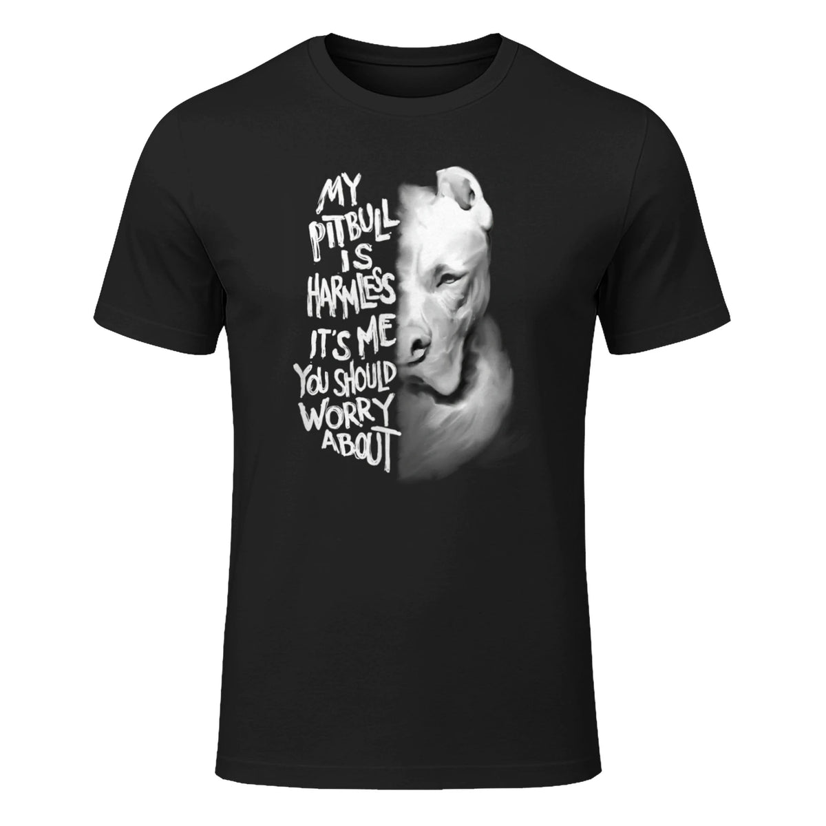 My Pitbull is harmless Quote Dog Items Owner T-Shirt in Black - front view