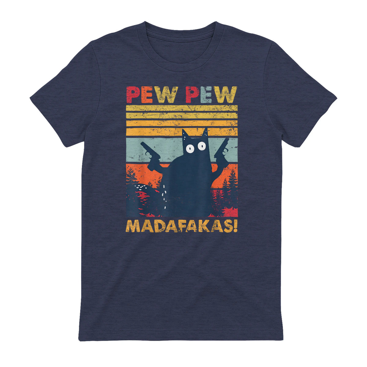 Pew Pew Madafakas Vintage verrückte Katze lustige Grafik in Heather Navy - back view