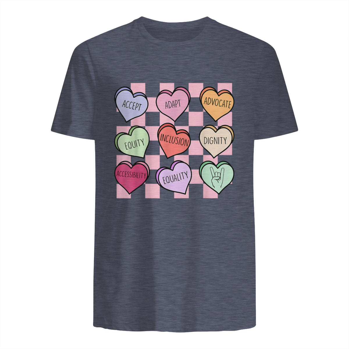 Special Education Teacher Candy Heart Valentines Day Love T-Shirt in Heather Navy - back view