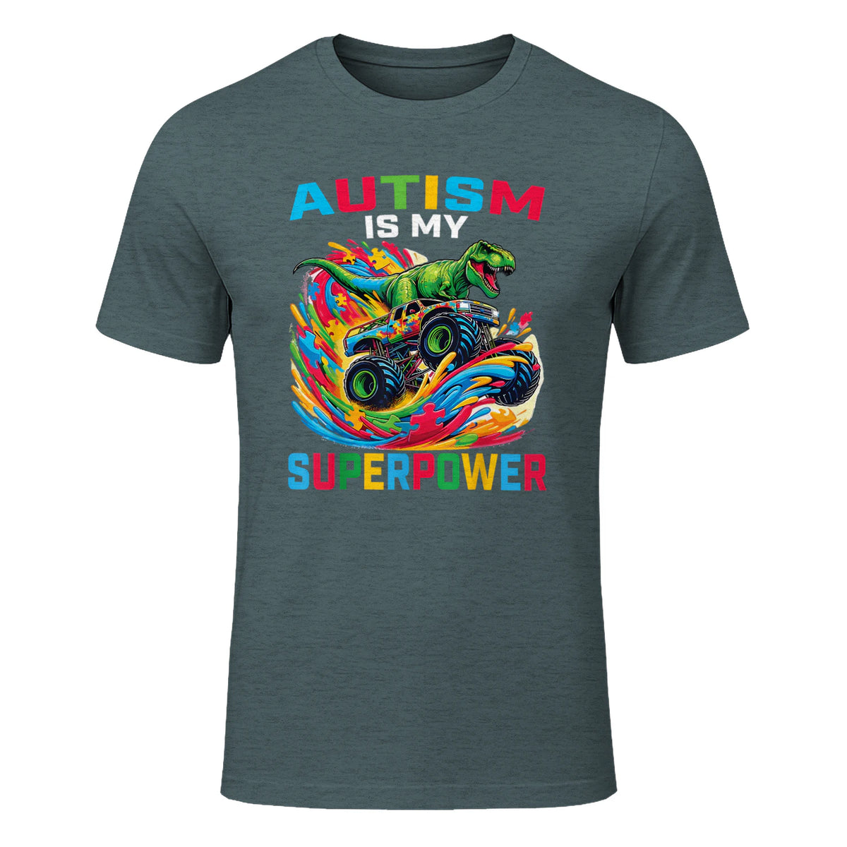 Autism is My Superpower Dino T Rex Monster Truck Kids Boys in Dark Heather - front view