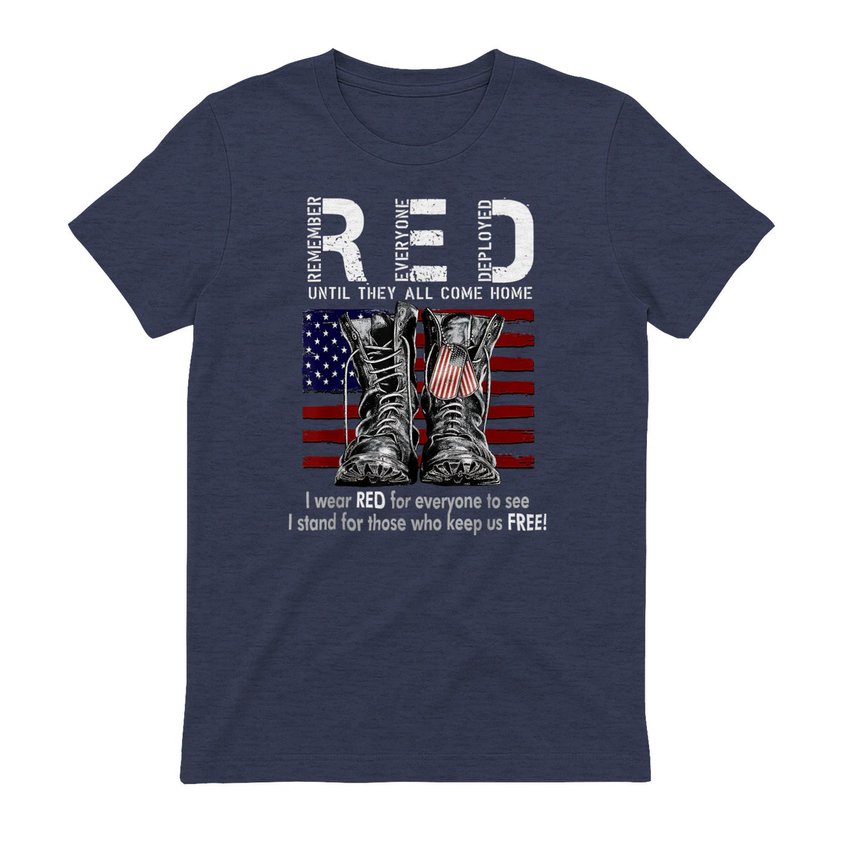 On Friday We Wear Red Military R.E.D Friday Military Remember Everyone Deployed Unisex-Adults US Flag T-Shirt Black Smal in Heather Navy - back view
