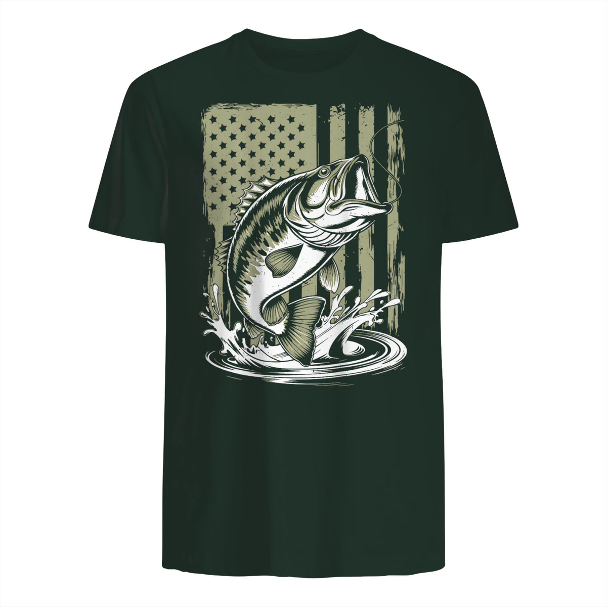 Fishing Camo Bass Fish American Flag Men's Fisherman Gift T-Shirt in Forest Green - back view