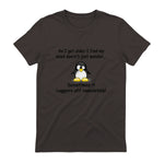 Funny silly penguin t-shirt mens ladies retirement gift in Dark Chocolate - back view