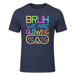 Bruh We are Glowing in My Glowing Era Hello Summer Vacation T-Shirt in Heather Navy - front view