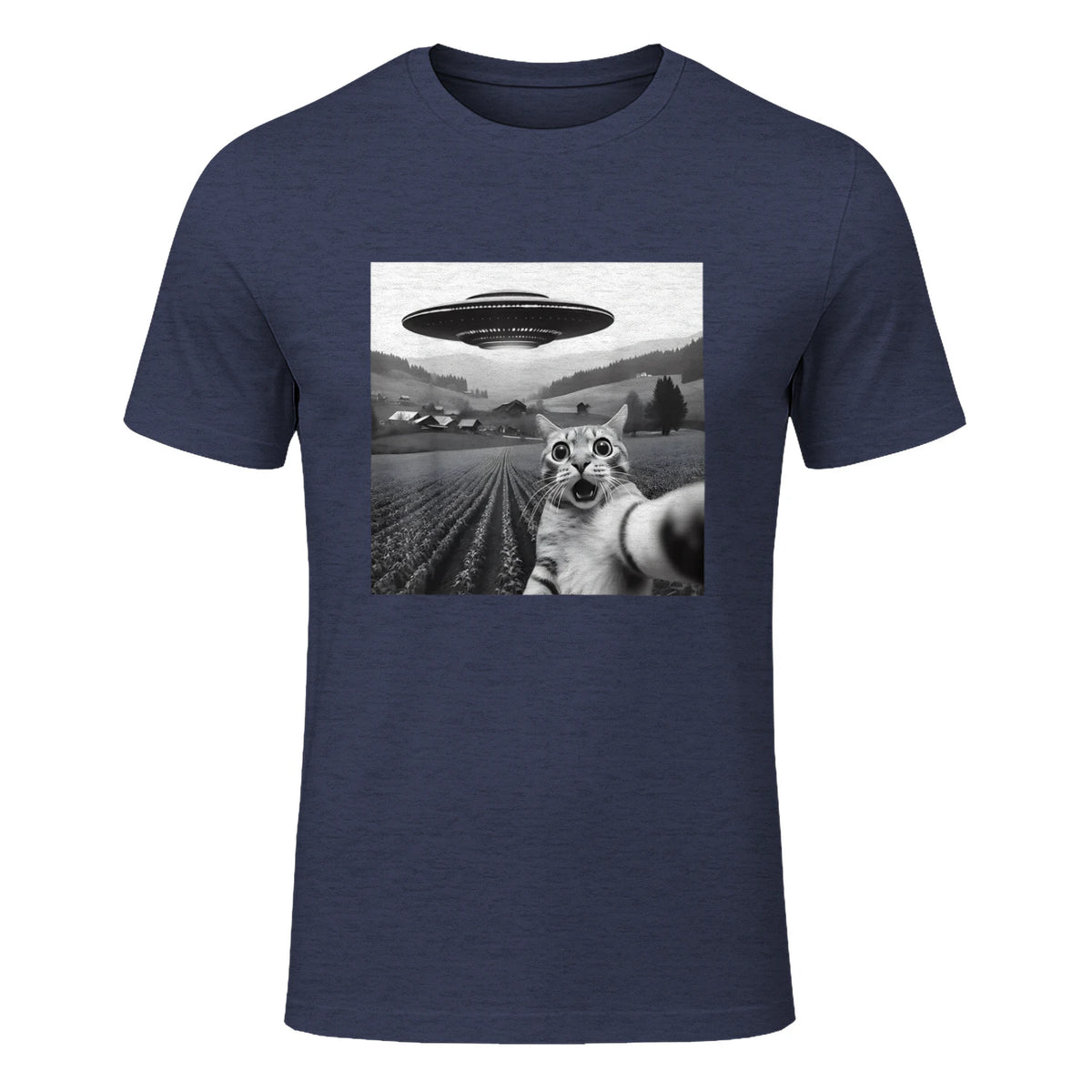 Cat Selfie With Alien UFO Funny Cat Gifts For Men Women Kid T-Shirt in Heather Navy - front view