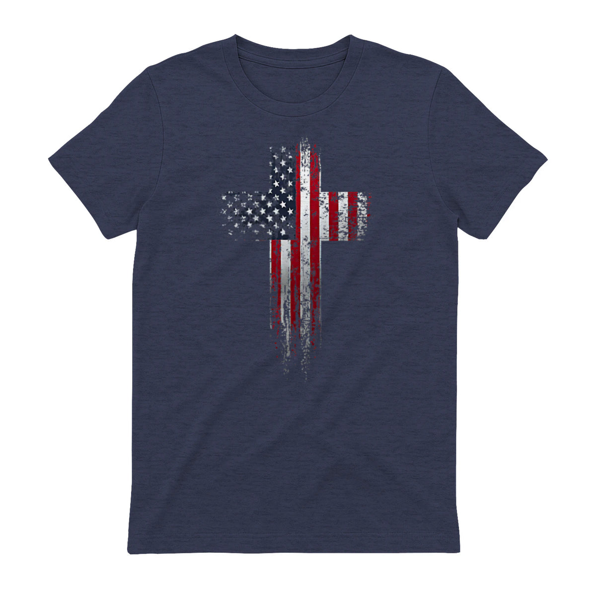 American USA Flag Christian Cross T-Shirt in Heather Navy - back view