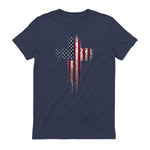 American USA Flag Christian Cross T-Shirt in Heather Navy - back view