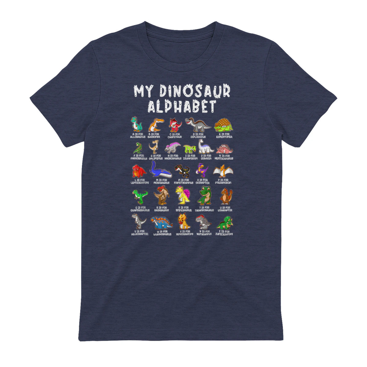 Types Of Dinosaurs Alphabet Dino Identification T-Shirt in Heather Navy - back view