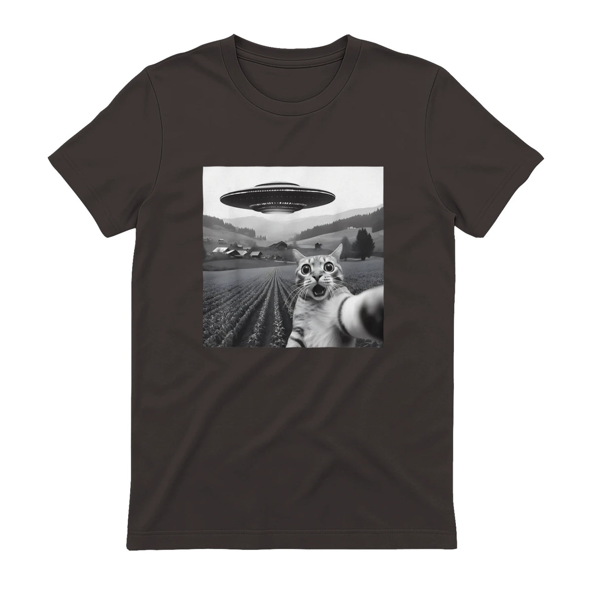 Cat Selfie With Alien UFO Funny Cat Gifts For Men Women Kid T-Shirt in Dark Chocolate - back view