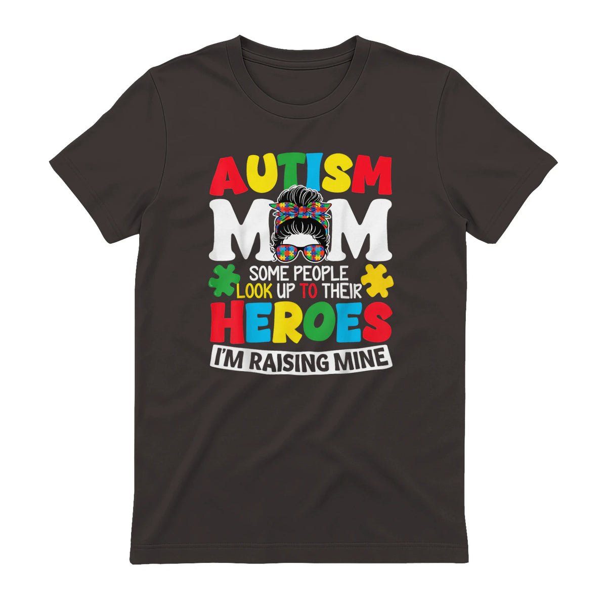 Autism Mom Raising Hero Messy Bun Autism Awareness in Dark Chocolate - back view