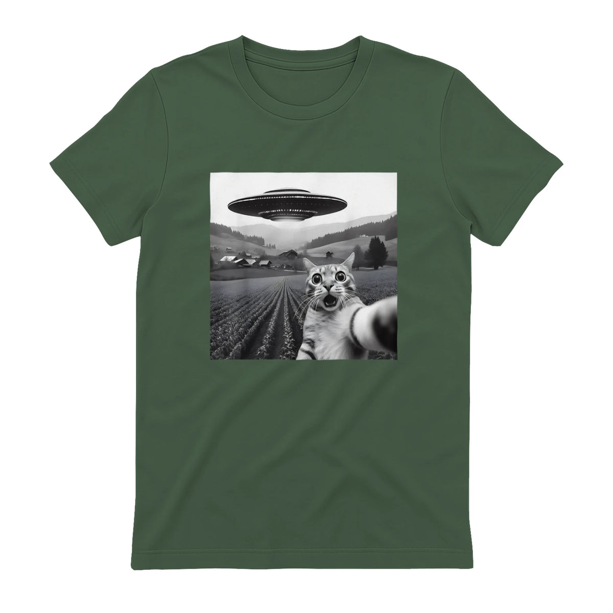 Cat Selfie With Alien UFO Funny Cat Gifts For Men Women Kid T-Shirt in Military Green - back view