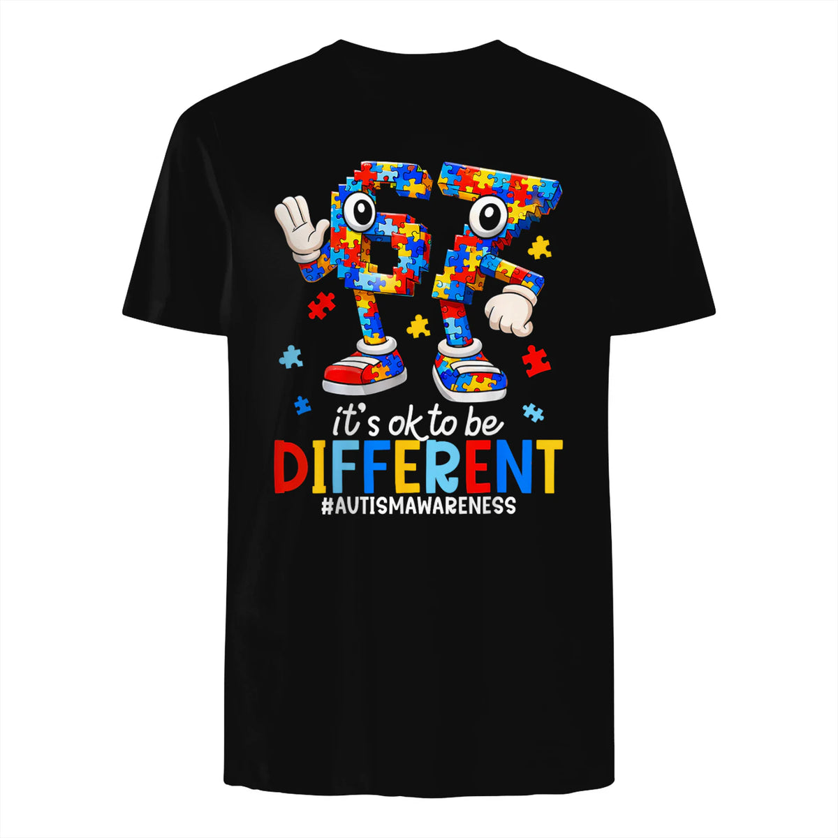 Autism Awareness Six Seven It's OK to Be Different T-Shirt in Black - back view