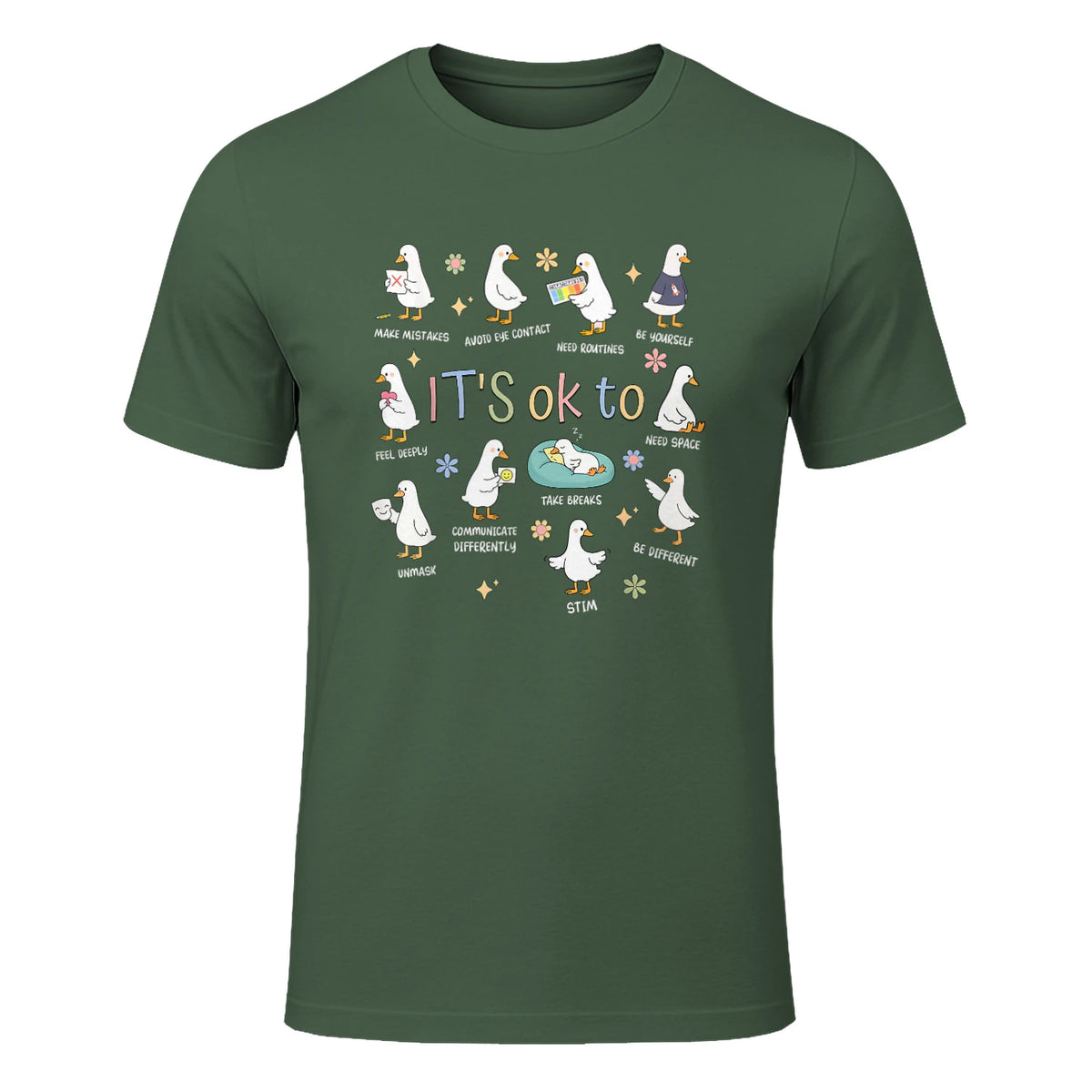Funny It’s Ok to Be Different Autism Goose Teacher in Military Green - front view
