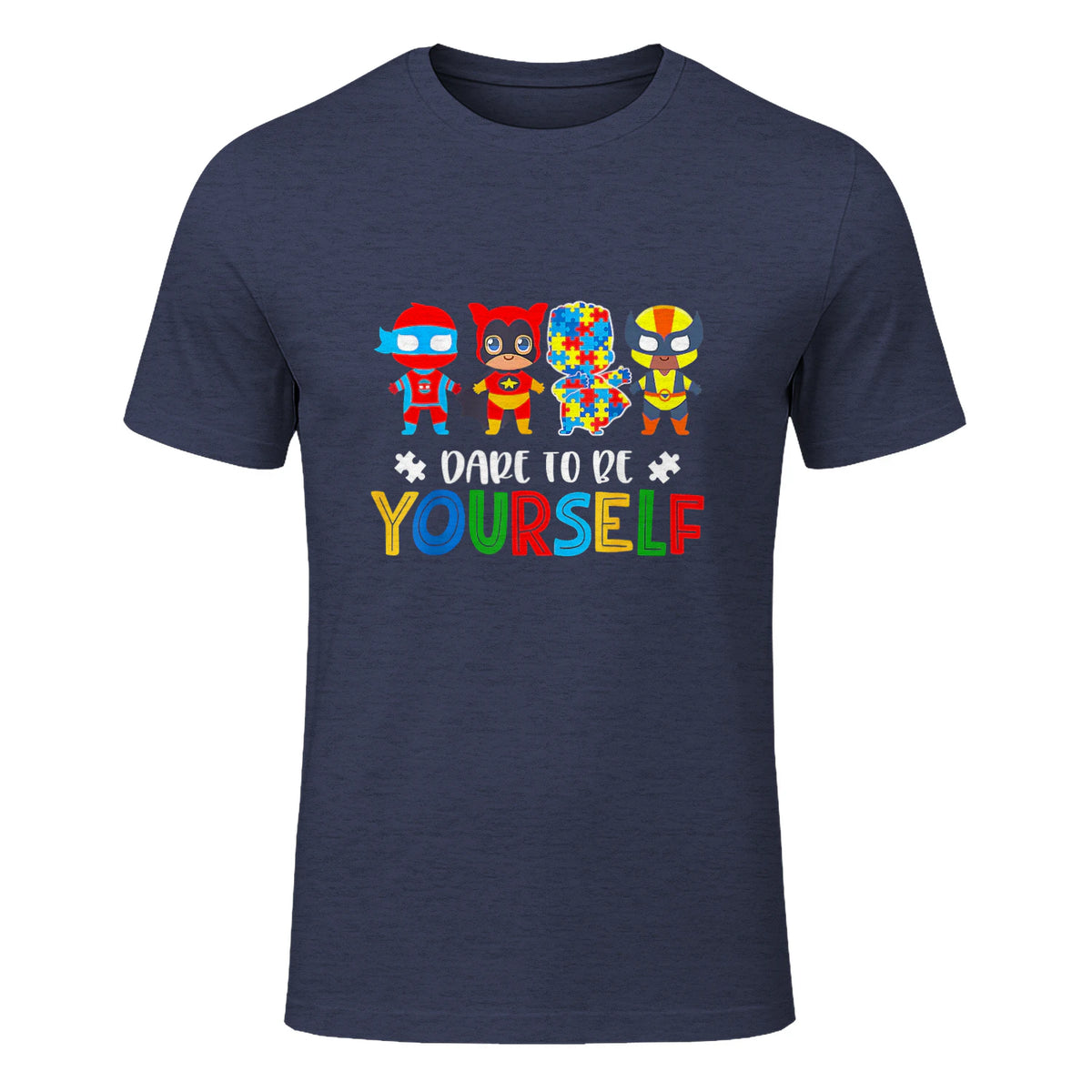 Dare to Be Yourself Autism Awareness Superheroes in Heather Navy - front view