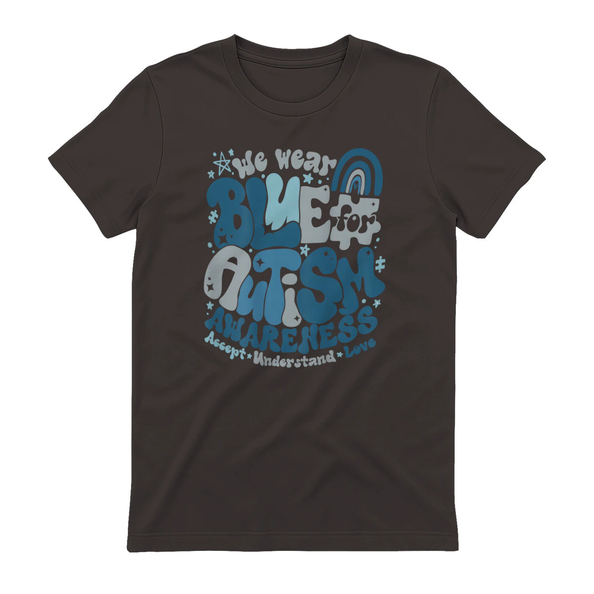 In April We Wear Blue Autism Awareness T-Shirt in Dark Chocolate - back view