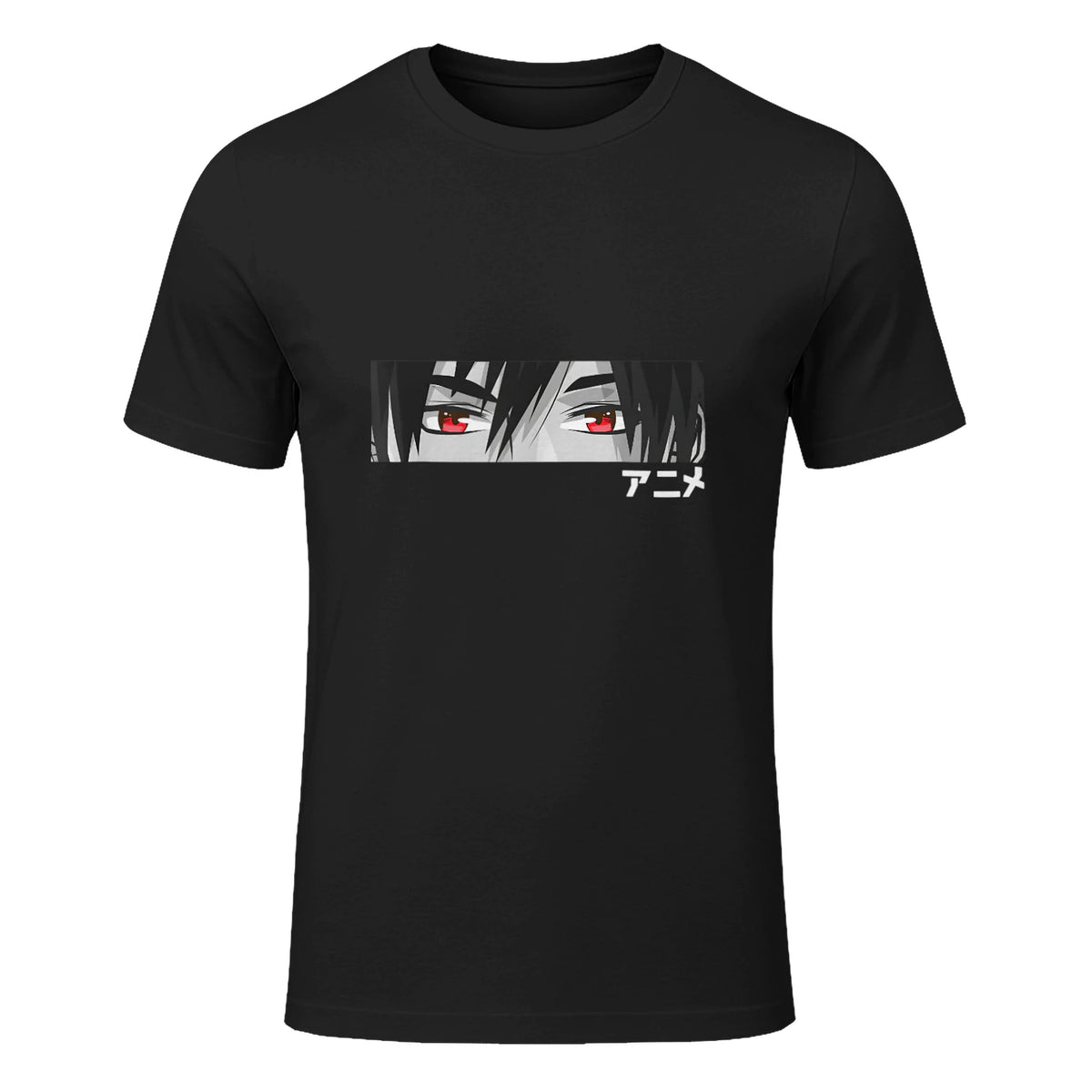 Anime in Japanese Characters Kawaii Eyes Face Short Sleeve in Black - front view