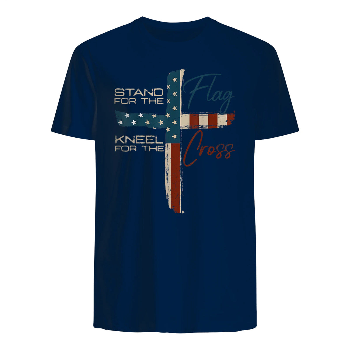USA Flag Religious Quote Fourth of July Christian Faith T-Shirt in Navy - back view