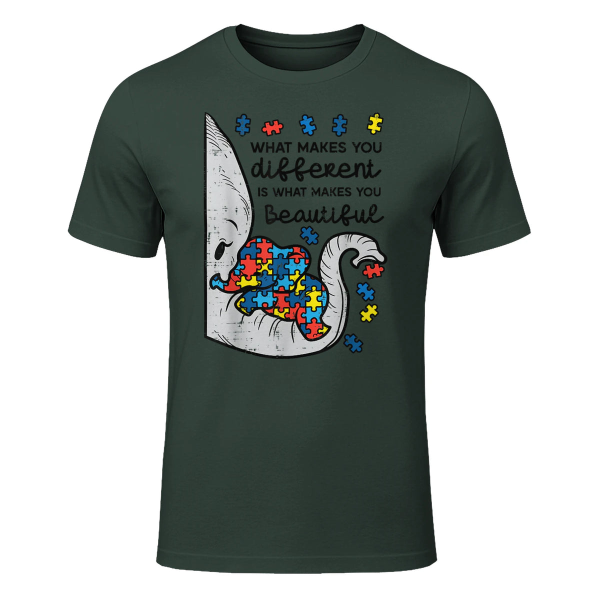 What Makes You Different Autism Awareness T-Shirt in Forest Green - front view