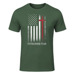 Christian US USA Flag American Christ Faith Over Fear Cross T-Shirt in Military Green - front view