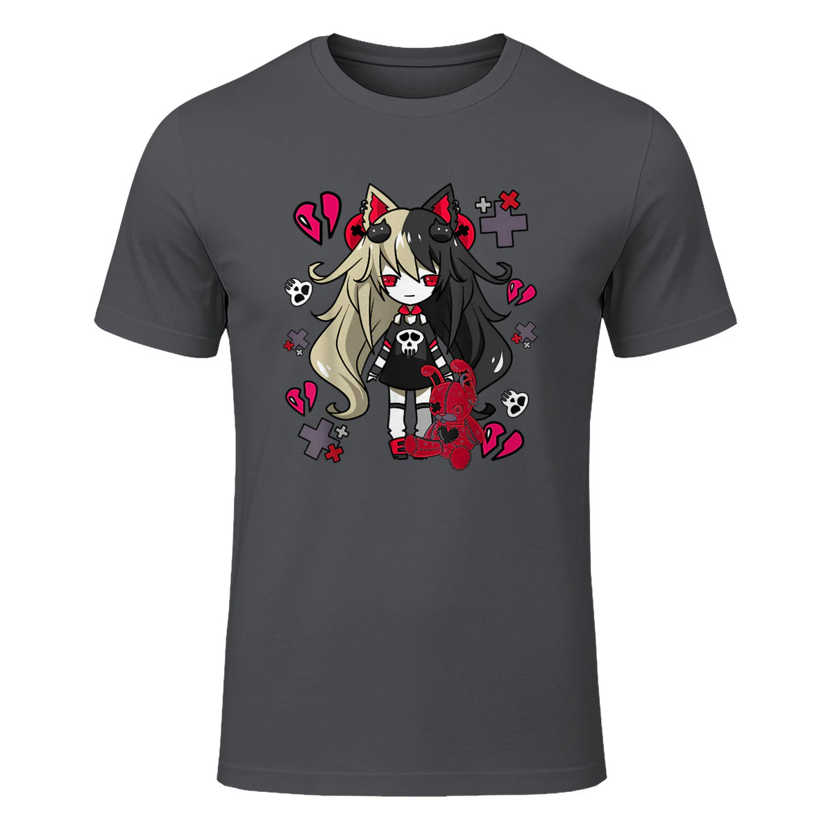 Chibi Kawaii Emo Pastel Goth Girl with Sad Bunny in Charcoal - front view