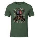 Vintage Rock Skull American Flag Guitar Retro Rock and Roll T-Shirt in Military Green - front view