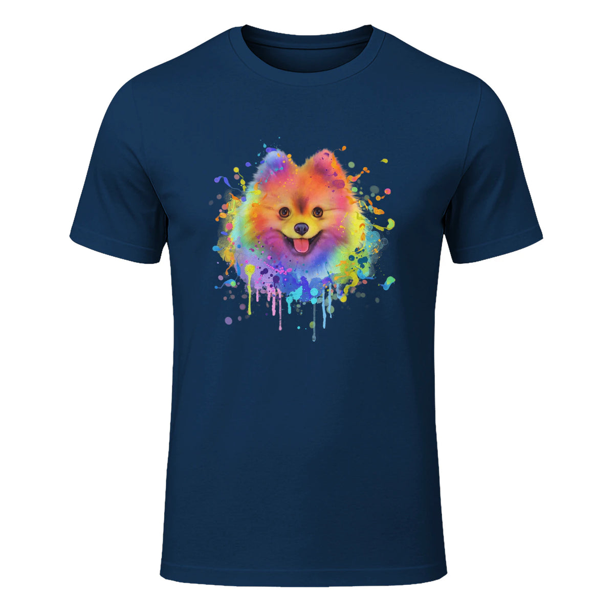 Colorful Splash Art Poméranie Portrait Pom Puppy Owner in Navy - front view