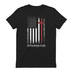 Christian US USA Flag American Christ Faith Over Fear Cross T-Shirt in Black - back view