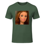 Funny Doll Face Meme Expression Hilarious Sarcastic in Military Green - front view