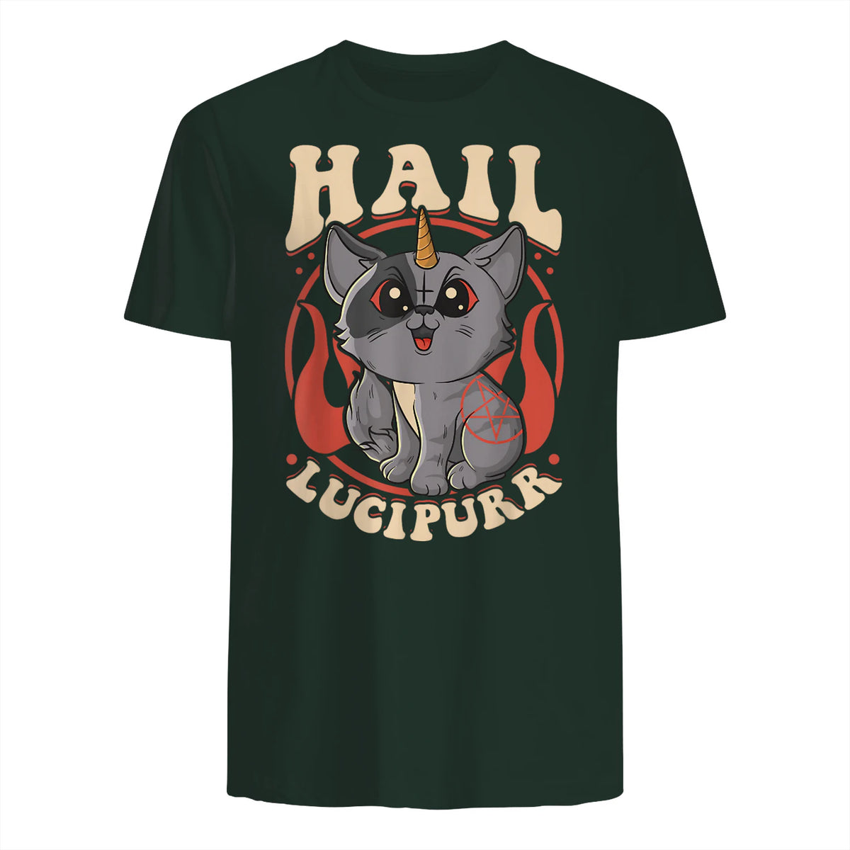 Cute & Funny Satanic Hail Lucipurr Rainbow Kitty Goth in Forest Green - back view