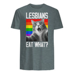 Lesbians Eat What? LGBT Lesbian Girlfriend Funny Cat Gift T-Shirt in Dark Heather - back view