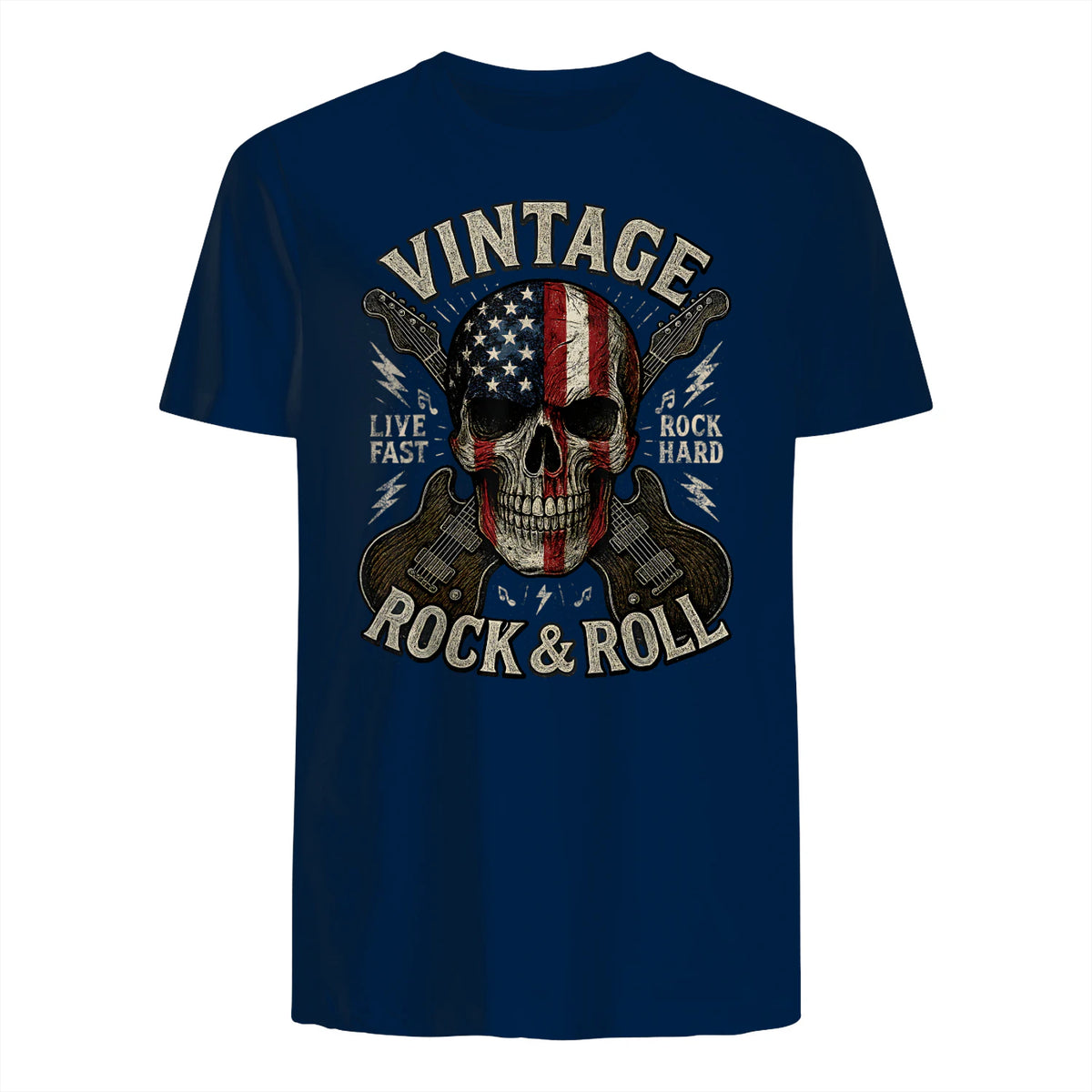 Vintage Rock Skull American Flag Guitar Retro Rock and Roll T-Shirt in Navy - back view