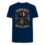 Vintage Rock Skull American Flag Guitar Retro Rock and Roll T-Shirt in Navy - back view