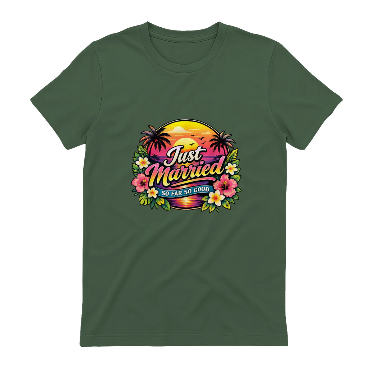 Couple de Jeunes mariés drôle Just Married Tropical Honeymoon in Military Green - back view