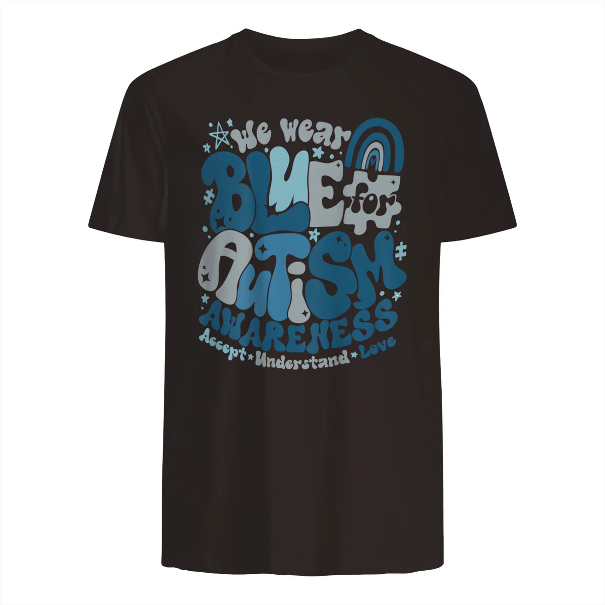 In April We Wear Blue Autism Awareness T-Shirt in Dark Chocolate - back view