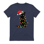 Santa Black Cat Tangled Up In Christmas Tree Lights Holiday in Heather Navy - back view