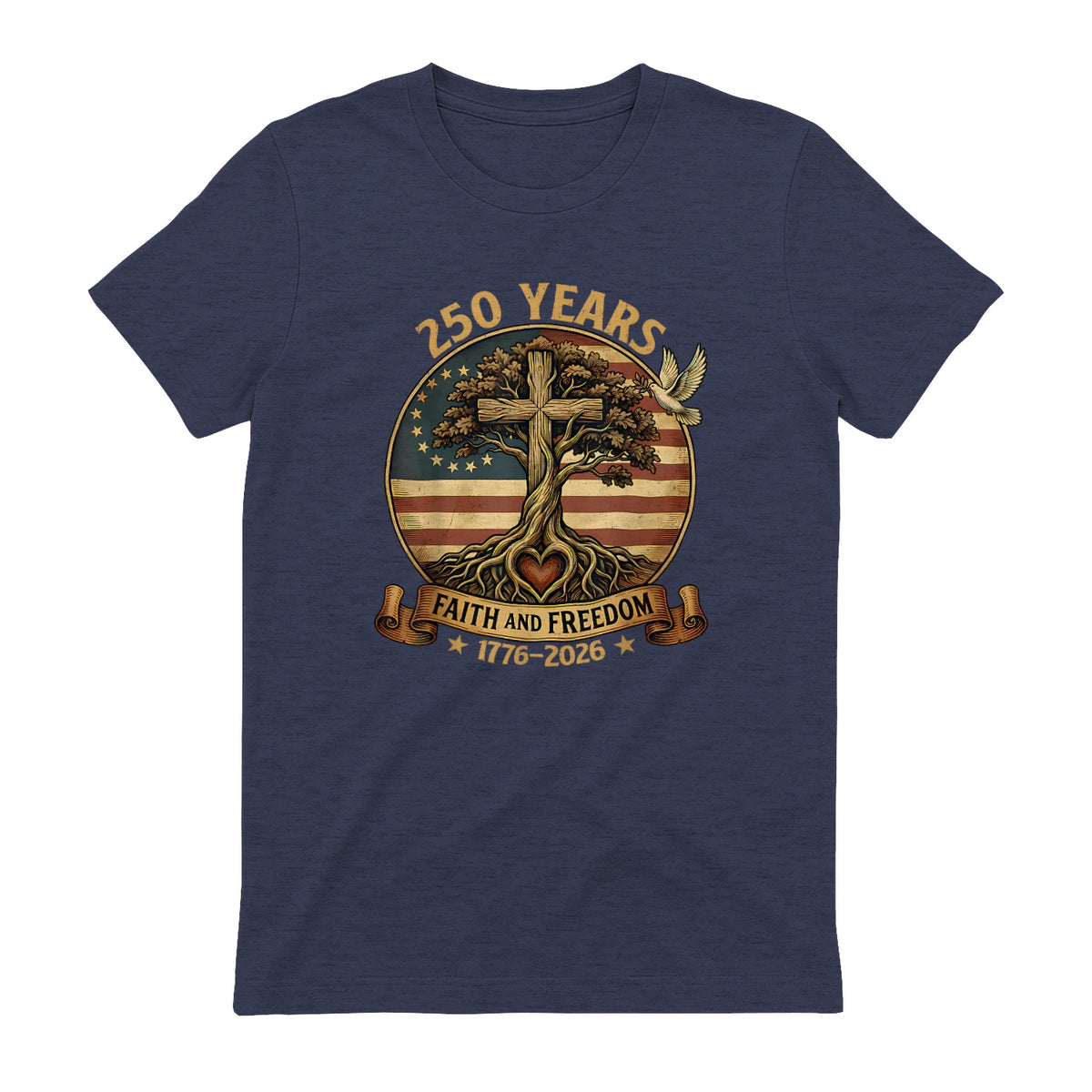 Faith and Freedom Christian USA Anniversary T-Shirt in Heather Navy - back view