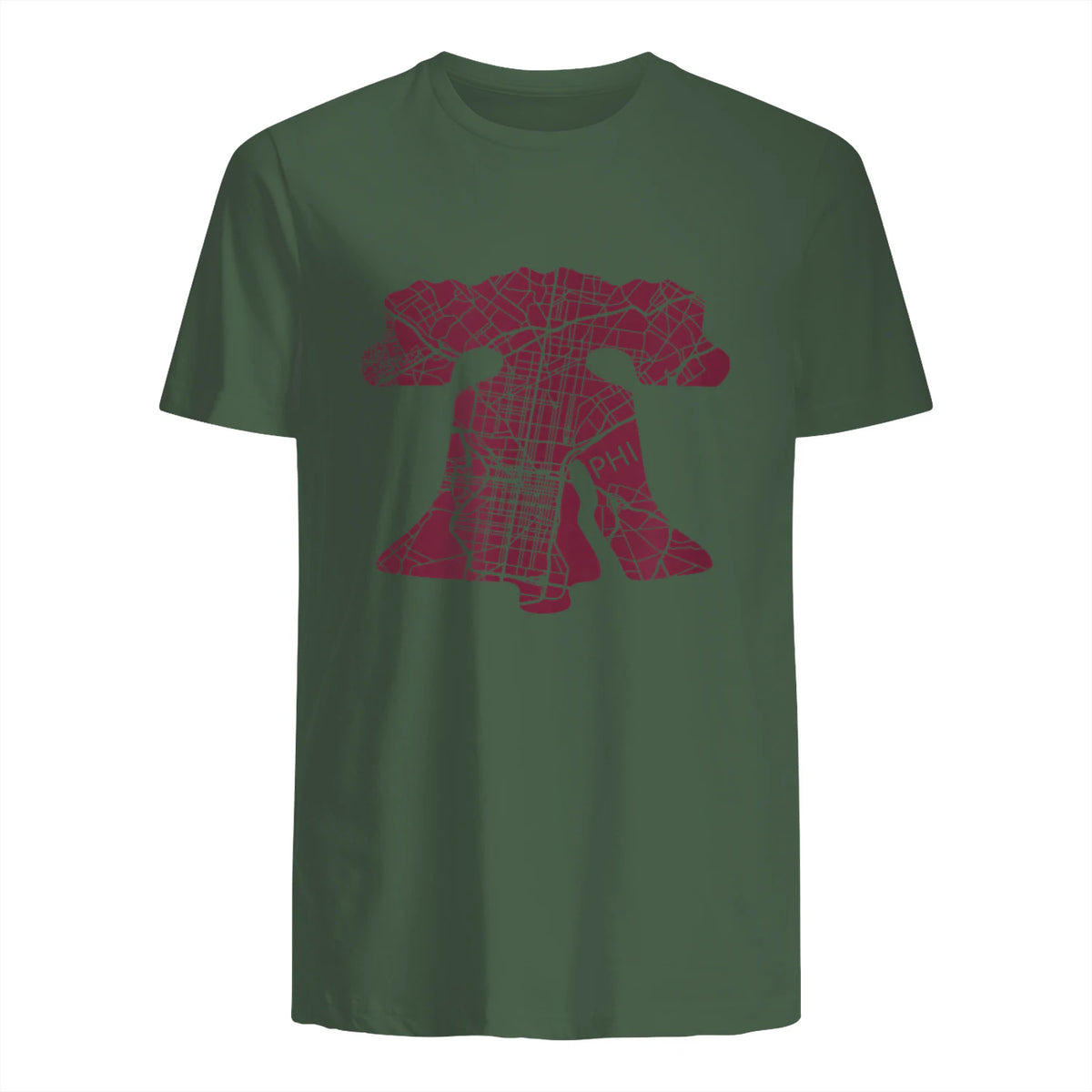 Philadelphia Street Map Liberty Bell Vintage Maroon Philly T-Shirt in Military Green - back view